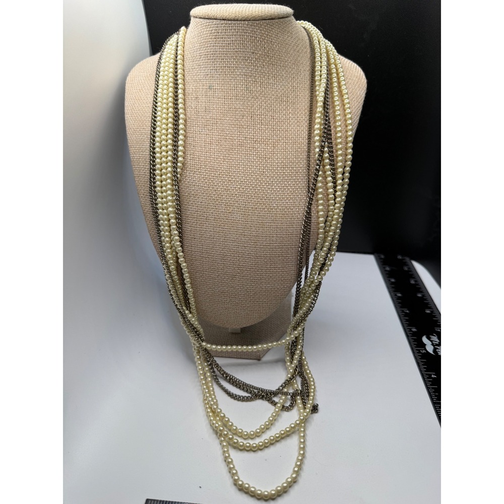 Multi Strand Faux Pearl and Gunmetal Chain Layered Statement Necklace Cream